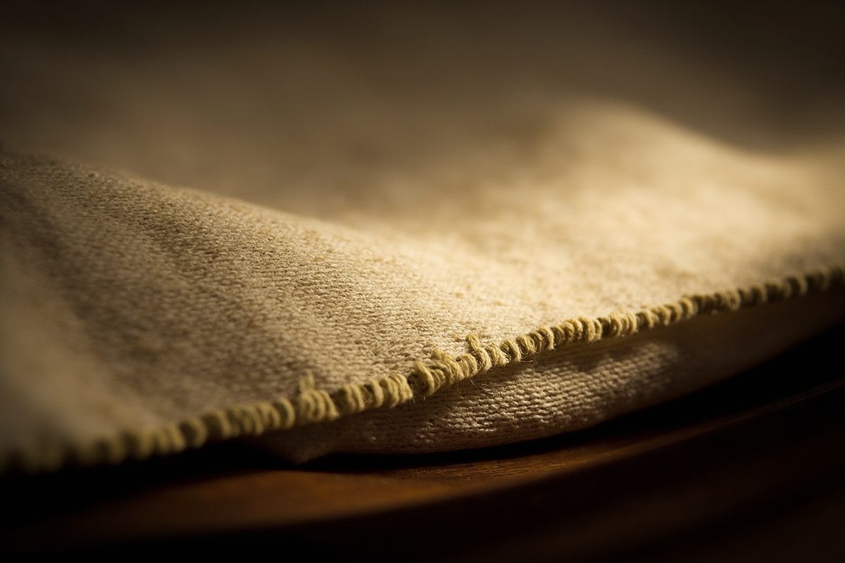 Extreme close-up of heavy coarse cotton canvas folded over on itself, the weave and the crest of the fold catching low light.
