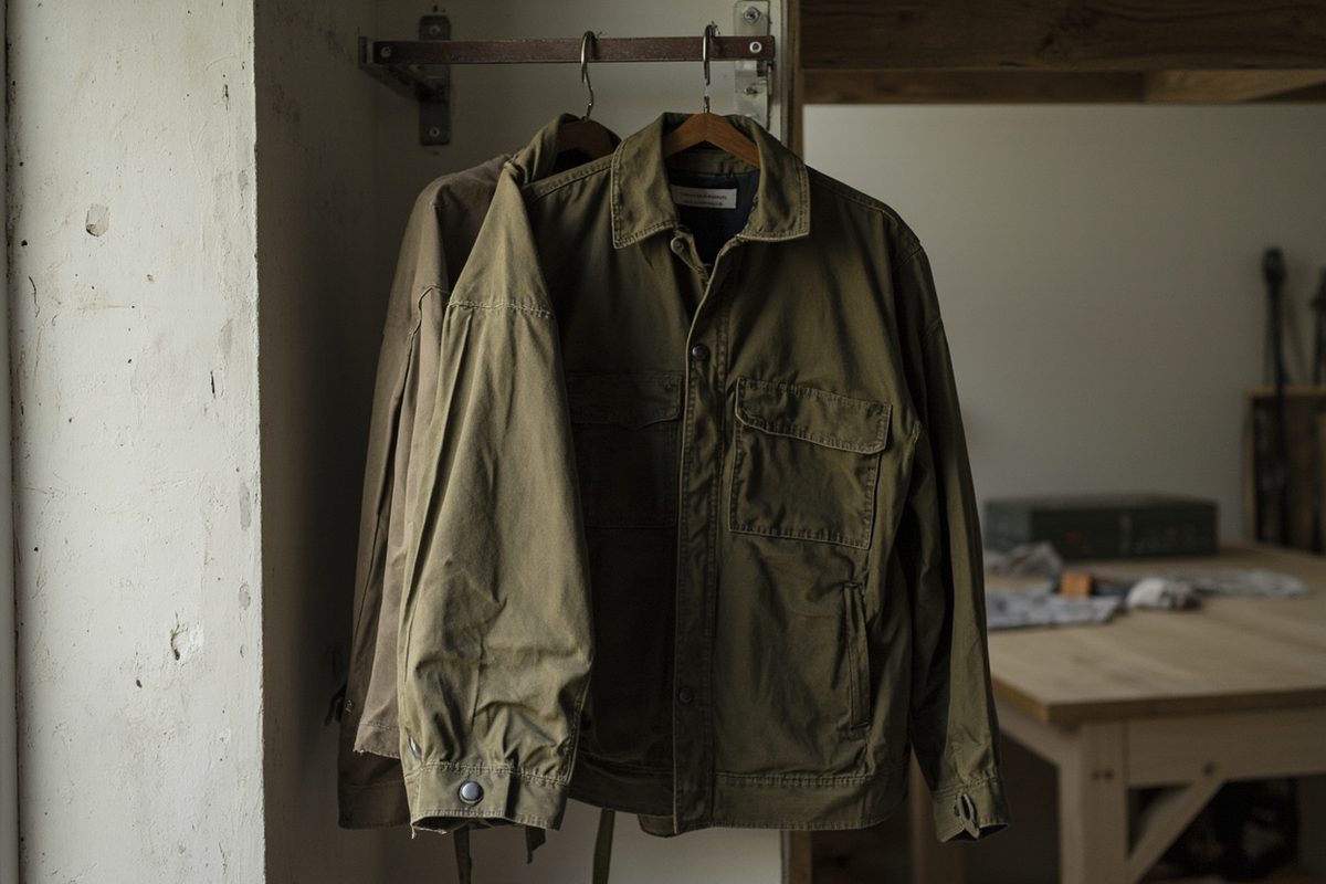 Two heavy canvas work jackets hanging from a rail in a workshop, lit by soft daylight from one side.