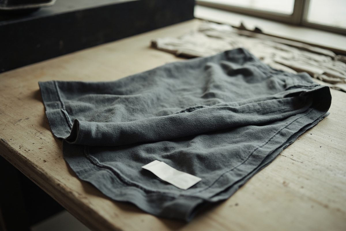 A plain grey garment laid flat on a workbench with a small blank fabric label near the lower hem.