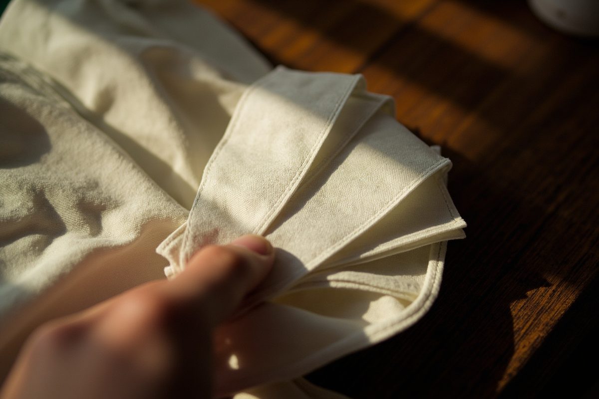A hand fanning apart a stack of plain unprinted fabric wash tags on a folded garment.