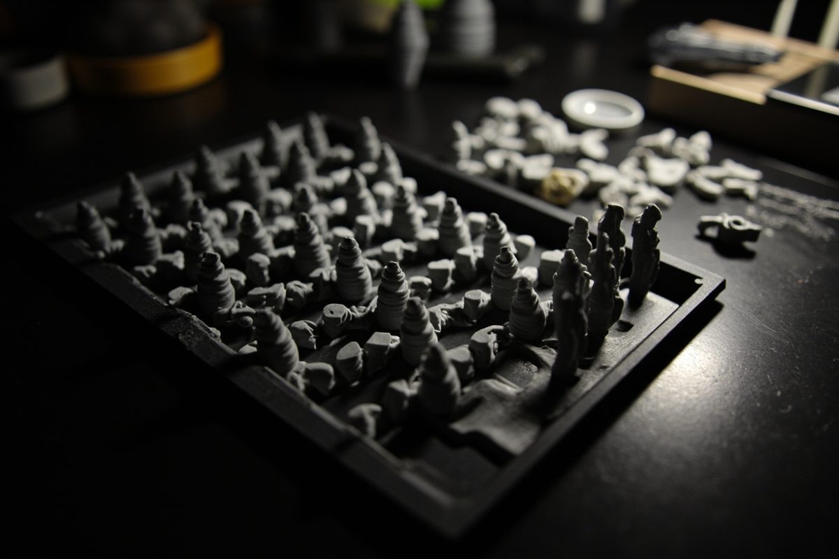 A tray of blank grey figure blanks and small accessory parts sorted into rows on a workbench.