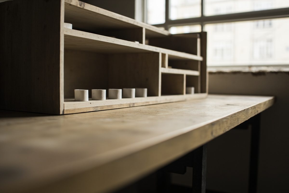 A single tidy shelf holding a small evenly spaced row of blank objects, surrounding shelves empty.
