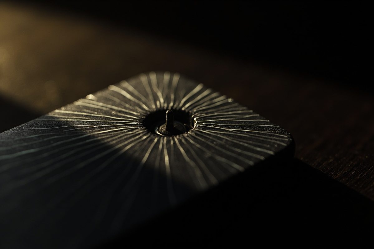 Extreme close-up of a dark plastic surface under raking light, showing pale stress lines from a screw post.
