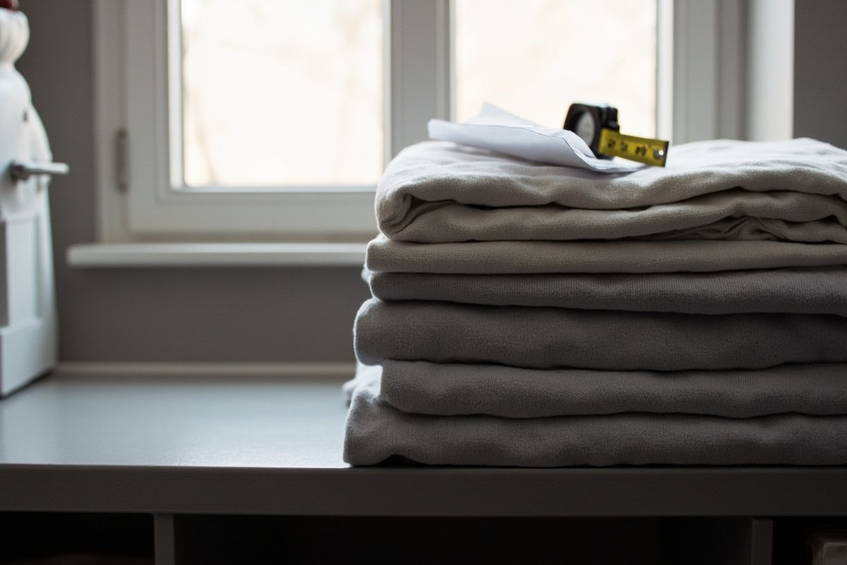 A neat stack of folded plain garments on a bench by a window, with a tape measure and a sheet of paper resting on top.