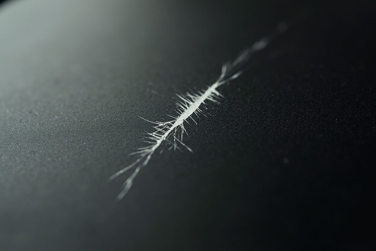 Extreme close-up of a single bright scratch running across a dark matte plastic surface under raking light.