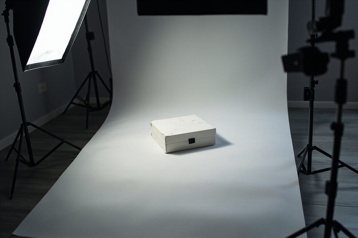 A plain unmarked box on a paper sweep lit by a softbox, with a camera on a tripod aimed at it.