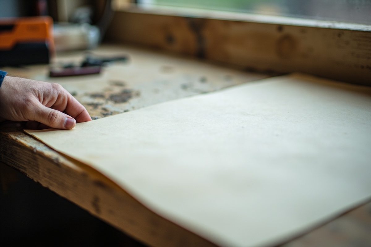 A hand resting on the lower left corner of a blank newsprint-coloured sheet on a workbench, marking where a cover edition box sits.