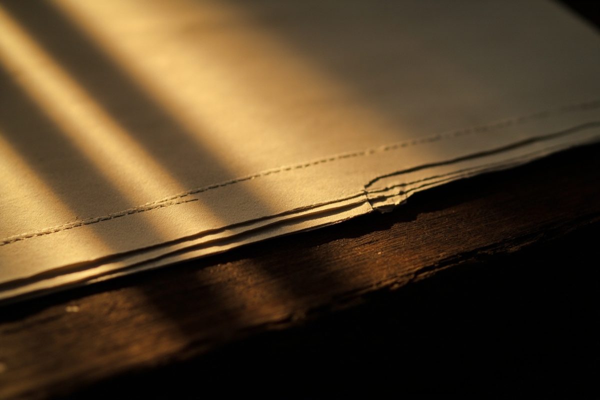Extreme close-up of the folded spine of a plain paper booklet showing fine pale stress lines.