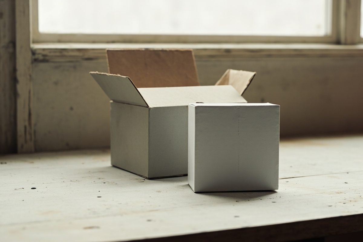 A plain open cardboard box on a windowsill beside a smaller blank white object.