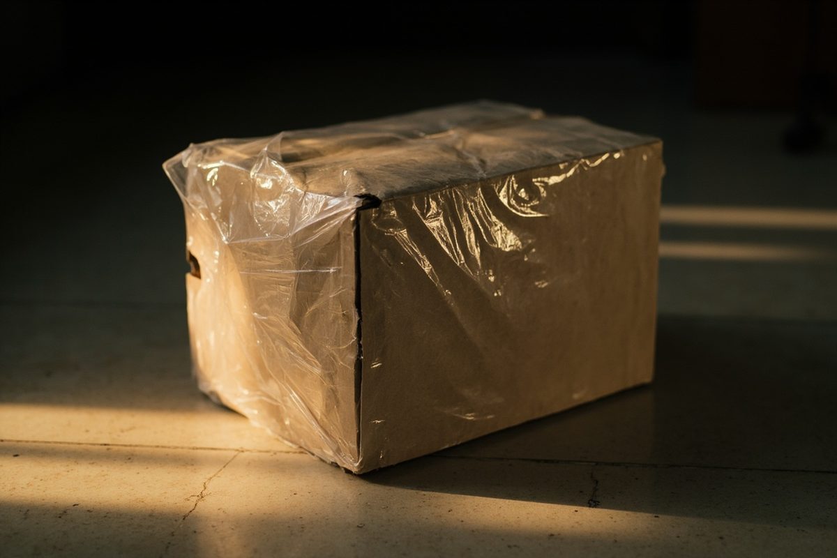 A plain unprinted cardboard box wrapped in tight clear plastic film, the film creased and clouded.