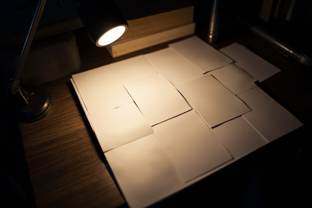 Blank white index cards laid out overlapping across a dark desk under a lamp.