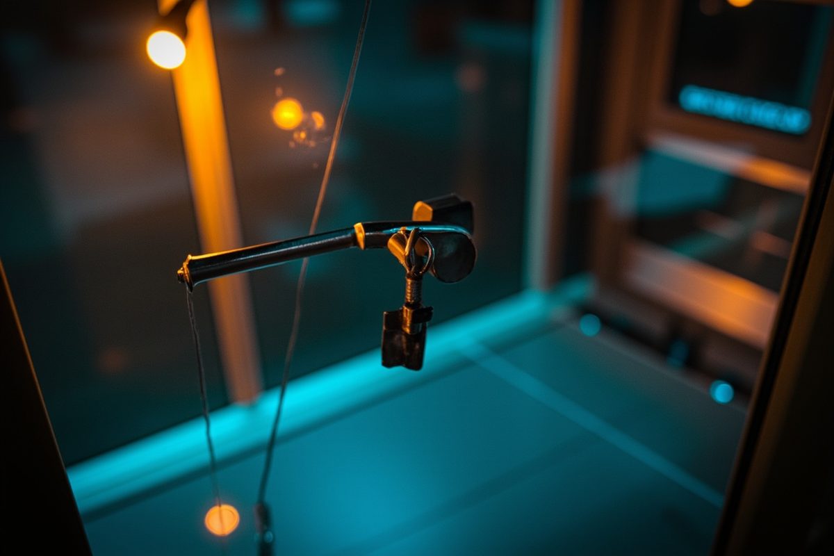 The bare metal claw and cable hanging inside an empty glass-fronted prize machine above a smooth floor panel.