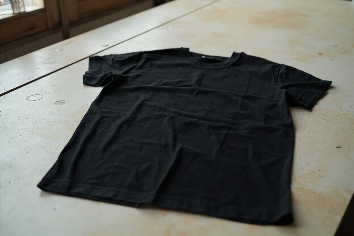 A plain black t-shirt laid flat face down with the entire back panel blank and unprinted.