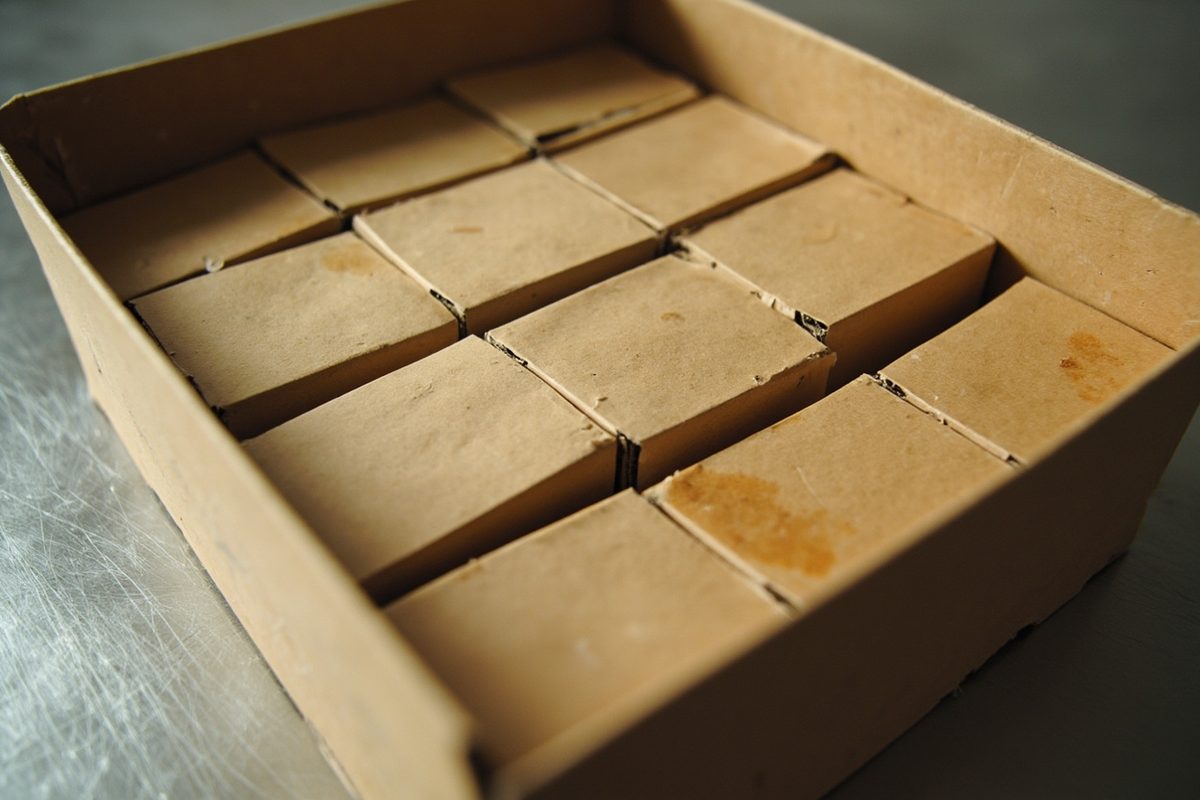 A cardboard tray holding a dozen plain unprinted small boxes seen from above, some visibly scuffed.