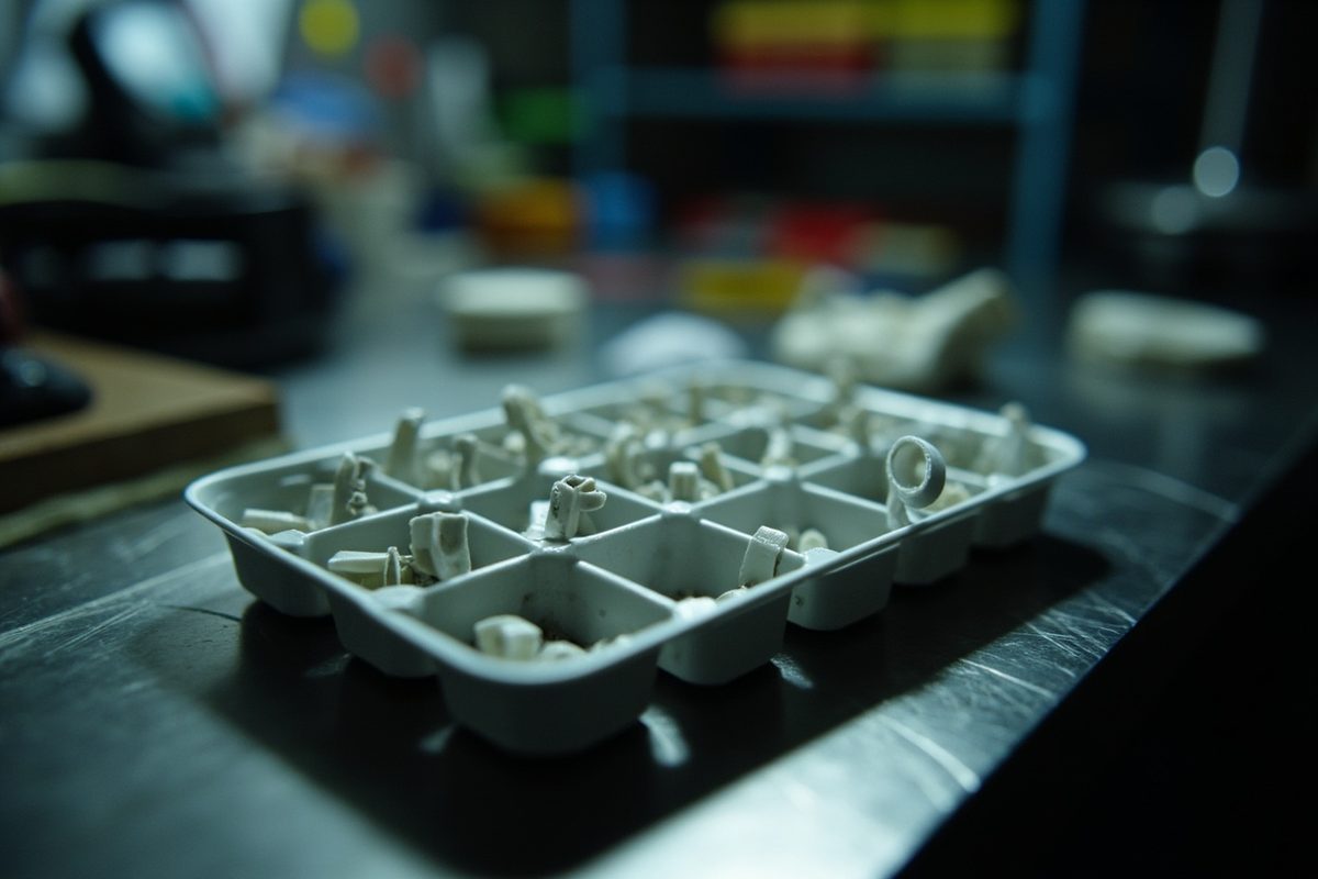 A tray of very small blank plastic accessory parts on a workbench with several compartments empty.