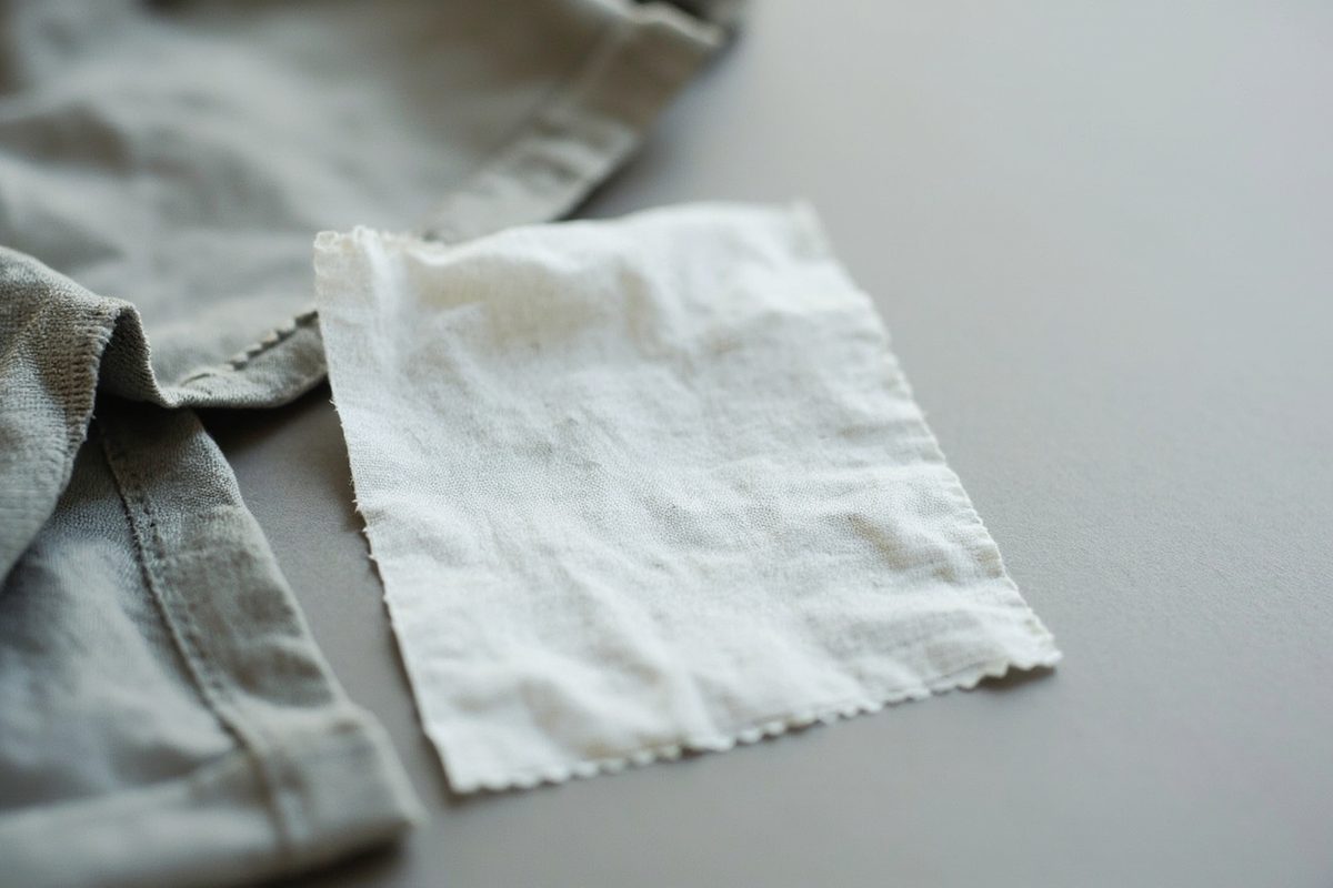 A small square of plain unprinted cloth with a pinked edge lying on a pale surface beside a folded piece of grey fabric.